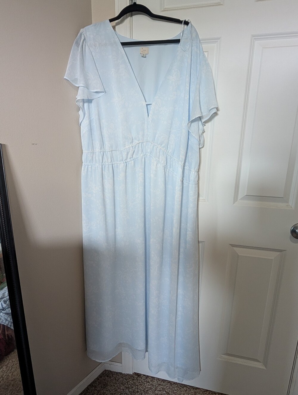 Light Blue Floral Midi Dress with V-Neck